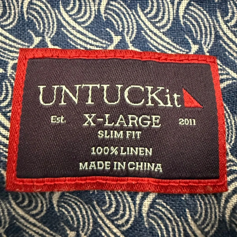 UNTUCKIT Linen Shirt Mens XL Blue Geometric Slim Short Sleeve Button Up Casual - Picture 2 of 7